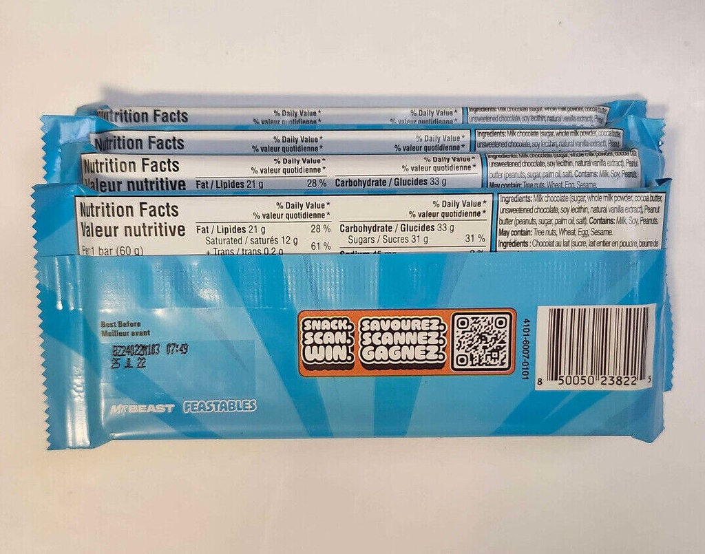 MR BEAST FEASTABLES Peanut Butter Milk Chocolate Bar  60g/2.1 Oz. Bar
